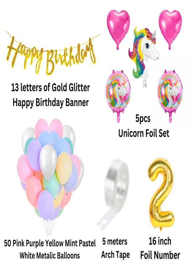 Flyloons Unicorn theme 2nd birthday decoration Kit for kids for 2 Year with Unicorn Foil Pink Heart Pink Purple Yellow Mint Orange Blue Pastel White Metallic Balloons Banner,70 pieces - Image 2